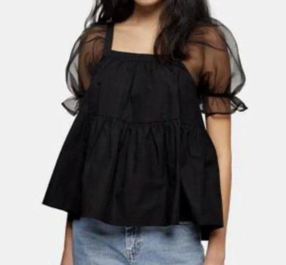 Pomander Place Tuckernuck Tinsley Blouse Sheer Puff Tulle Sleeves Black Small